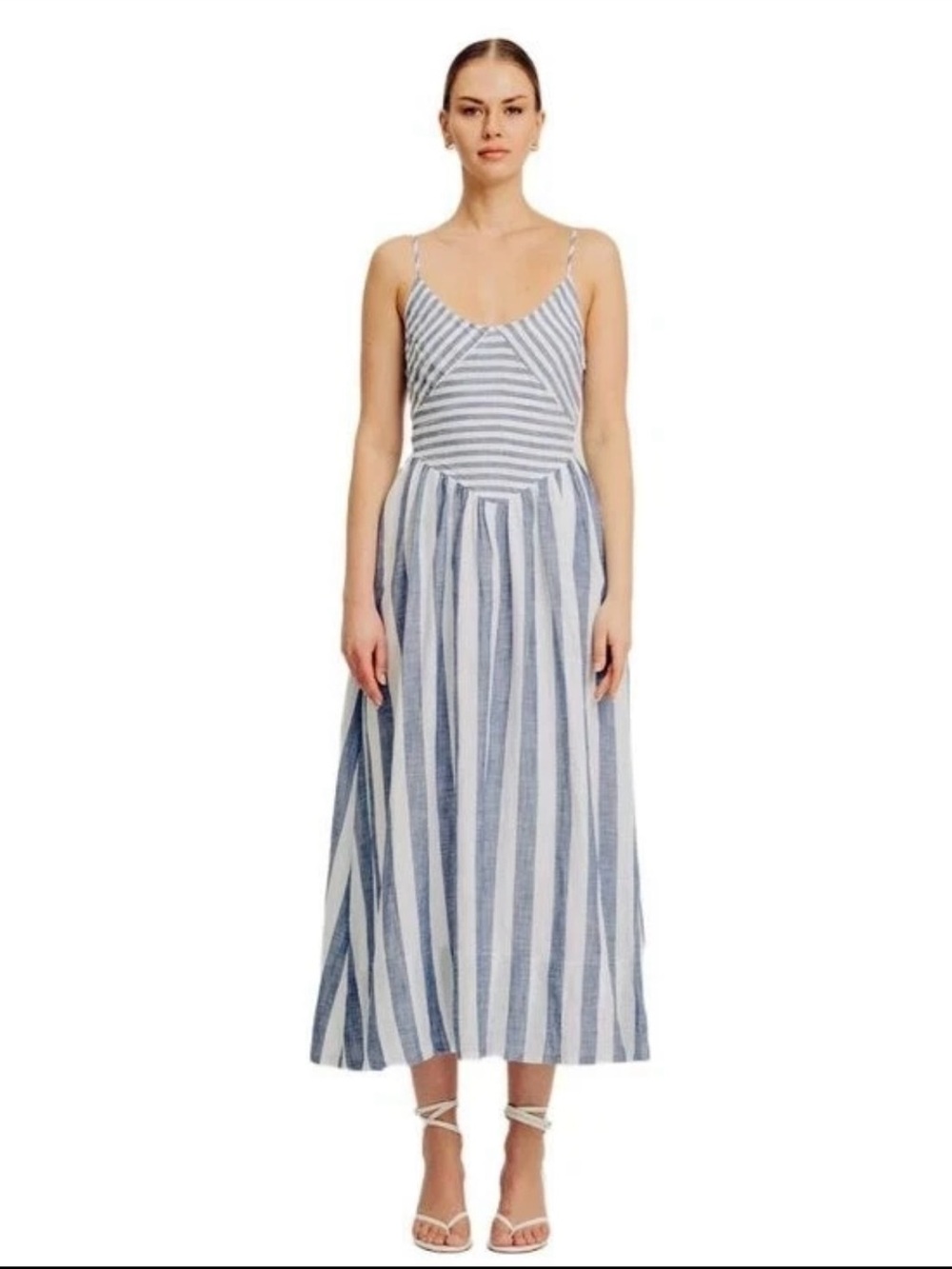 NWT Torn by Ronny Kobo Melinda Dress S Blue White Striped Linen Blend Drop Waist